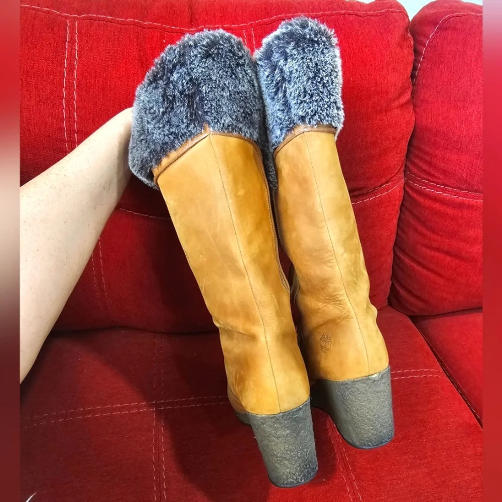 Timberland Tan Suede Wedge Boots with Gray Faux Fur Cuff